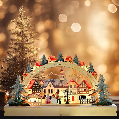 Weihnachtsdorf Mit Beleuchtung Und Timer, Schwibbogen Weihnachten – Detailreiche WeihnachtshäUser, Holz Lichterbogen Weihnachtsdeko FüR Festliche Fensterdeko Und Tischdeko (Keine Timer)
