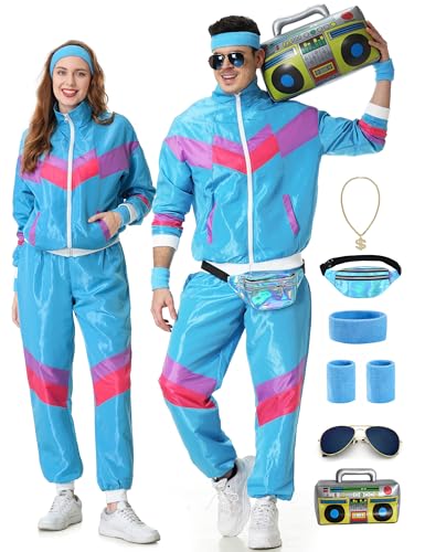 KUKIKUKI 80er/90er Jahre Outfit für Herren und Damen, Unisex Tracksuit Sportbekleidung, Streetwear Trainingsanzug Jogginganzug - Blau, 3XL