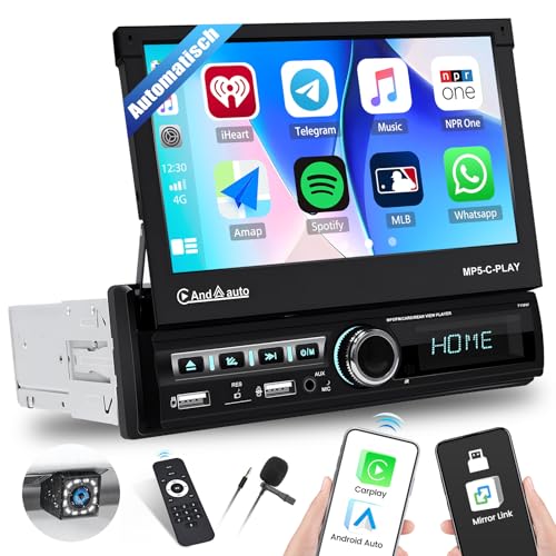 SIXTOP Autoradio 1 Din Navi mit Automatisch Versenkbarer Bildschirm mit Wireless Carplay Android Auto,7 Zoll Radio Stereo 1Din mit EQ Bluetooth Mirror Link FM AUX TF USB SWC Fernsteuerung Rückfahrkame