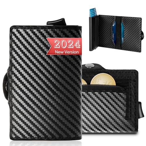 Geldbörse Herren Kartenetui mit RFID Schutz für 6-8 Karten - Slim Wallet Portmonee mit Münzfach Schwarz - Karbonfaser Kreditkartenetui mit Geschenkbox