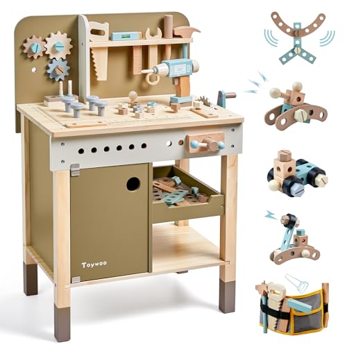 Kinder Werkzeug Set, hölzerne Werkzeuge Bank mit Schürze Kleinkind Spielzeug Werkbank Mit Realistischen Werkzeugen Elektrische Bohrmaschine STEM BAU Spielzeug Geschenke für Alter 3-9Jungen Mädchen