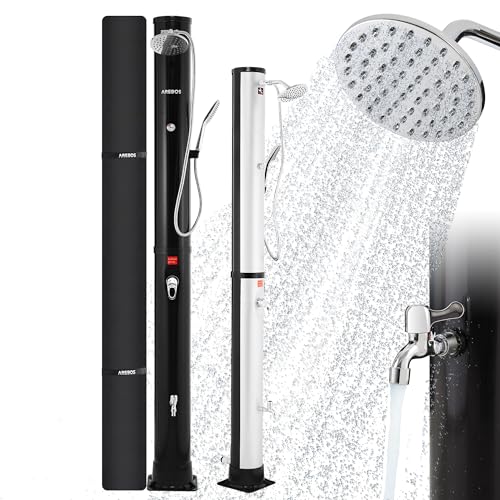 Arebos Solardusche 40 L | mit integriertem Thermometer | Handbrause | schwenkbarer Duschkopf |mit Fußdusche & Gartenschlauch-Anschluss | inkl. Montagematerial & Abdeckhaube | Schwarz