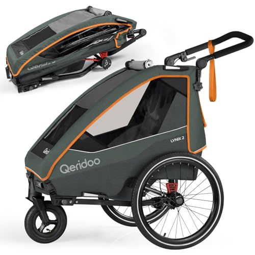 Qeridoo Lynix 2 Forest Green | Fahrradanhänger 2 Kinder | Fahrrad Anhänger Kinder mit Federung & Gurtsystem | Jogger Kinderwagen | Kinderfahrradanhänger klappbar | Kinderbuggy | Walker & Bike Trailer