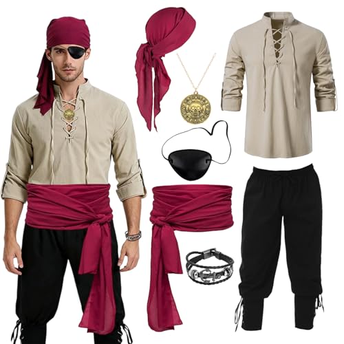 SERTAS 7-teiliges Piratenkostüm, Halloween-Kostüm, Herren, Piratenkostüm für Erwachsene, Piraten-Outfit, Halloween-Kostüme für Karneval, Cosplay-Partys (S)