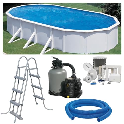Planet Pool Premium Ovalpool-Set 7,30 x 3,75 x 1,20 m, frei aufstellbar, feuerverzinkte Stahlwand, UV-stabilisierte Innenhülle, Skimmer, Sandfilter mit 6 m³/h und 6-Wege-Ventil, Sicherheitsleiter