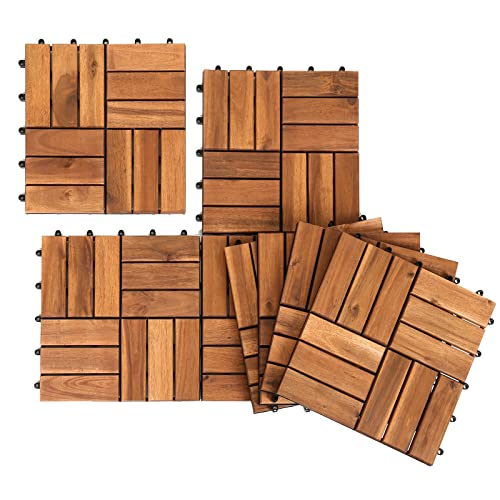Herrselsam Holzfliesen Terrassenfliesen, 30x30 cm Holzfliesen aus Akazien Holz, 12 Latten Fliese 1m², Bodenfliesen geeignet als Terrassenfliesen und Balkonfliesen(11 Stück)