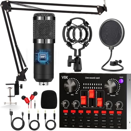 Podcast Mikrofon Bündeln, Audio Interface mit Cardioid Designer BM800 Mikrofon für Gamer und All-in-One Mischpultr, Perfekt für Live Streaming, YouTube, Gaming