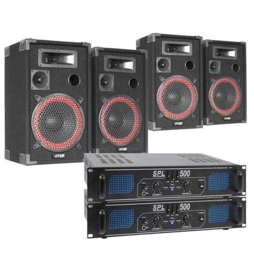 MAX XEN-3508 - Lautsprecher 4er Set mit 2 Verstärker - DJ Boxen Set, Lautsprecher-Set 1000 Watt, inkl. Kabel PA Anlage, Filzbeschichtung, PA Lautsprecher mit Verstärker