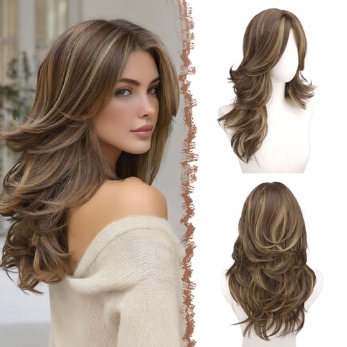 FESHFEN Braun Gemischt Blond Layered Perücken mit Vorhang Pony, 22 Zoll Lange Mittelscheitel Lockige Perücke für Frauen Synthetische Hitzebeständig Haar Wig täglich Party Cosplay tragen