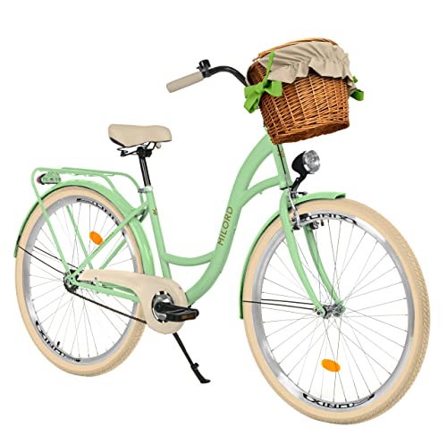 Balticuz OU Milord Komfort Fahrrad mit Weidenkorb, Hollandrad, Damenfahrrad, Citybike, Vintage, 26 Zoll, Mintze-Creme, 1-Gang