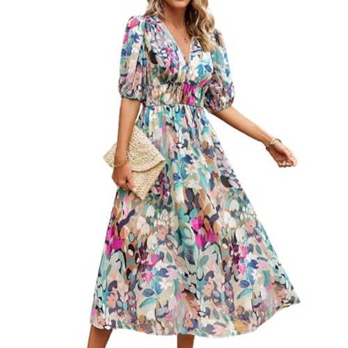 BSLVWG Bohemian Maxi Kleid Damen V-Ausschnitt Blumendruck Hohe Taille Boho Sommer Strand Flowy Swing Urlaub Lange Midi Kleider (DE/NL/SE/PL, Alphanumerisch, L, Regular, Regular, Bunt)