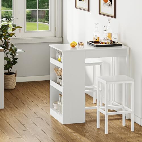YITAHOME Bartisch mit Barhocker Set, Bartisch 3 Teilig, Esstisch mit 2 Hocker 3 Ablagen, Barhocker mit Metallrahmen, Essgruppe für 2 Personen, Frühstückstisch Möbelsets für Zuhause, Küche (Weiß)