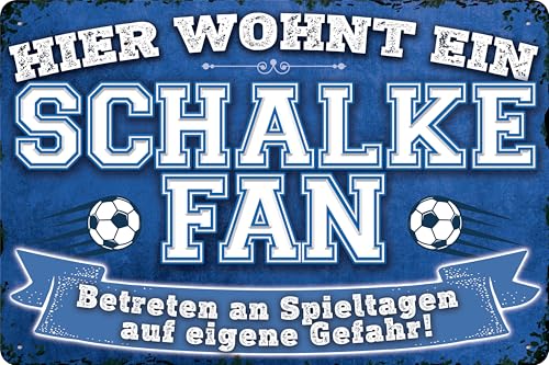 14x20 cm Blechschild für Fußball Fans, hier wohnt ein Schalke Fan – Wandschild, Türschild, Torschild, lustiger Fussball Spruch, Fanartikel