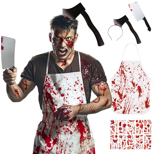 BOYATONG Halloween Kostüm Herren, Metzger Kostüm, Metzgerschürze mit Messer Halloween Axt Im Kopf und 10 Stück Narben Tattoos, Horror Kostüm Accessoires für Halloween Party Cosplay