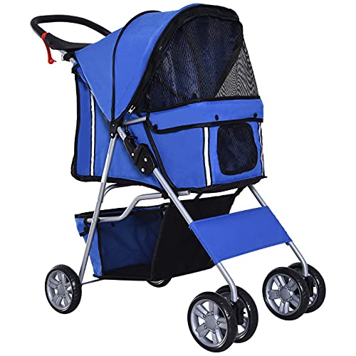PawHut Hundewagen, klappbar Hundebuggy für kleine Hunde und Miniaturhunde, Katzenbuggy mit Aufbewahrungskorb, Becherhalter, Netzfenstern, Haustierwagen Oxford, Blau