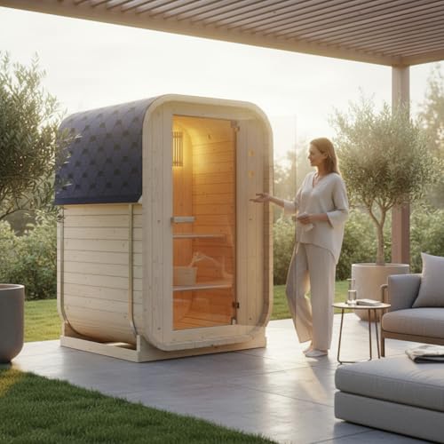 WELCON® EASYHEAT Solo Outdoor Fasssauna, 120x120x194 cm, Fichtenholz, 230V, 3,6 kW Elektroofen, 1-2 Personen, mit Saunasteinen und Aufgusseimer