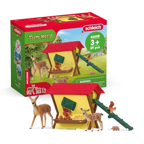 SCHLEICH Farm World | Fütterung der Waldtiere 42658 | Spielset mit Rothirschkuh, Kalb, Igel, Eichhörnchen & Zubehör | realistische Waldtiere für Kinder ab 3 Jahre | 39 Teile