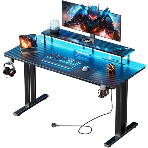 HLONONE Gaming Tisch mit LED, 120x60 cm Gaming Schreibtisch mit 3 Steckdosen und 2 USB Anschlüssen, PC Gamer Tisch mit Monitorständer, Stabiler Computertisch für Gaming und Büro, Schwarz