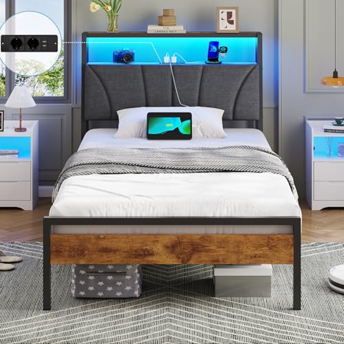 Brinlawb Bett 90x200 mit Lattenrost aus Metall, Bettgestell 90x200 cm mit LED Beleuchtung, Jugendbett 90x200 mit Kopfteil und Ladestation(2 AC-Steckdosen,2 USB-Anschlüsse) Modern Metallbett einzelbett