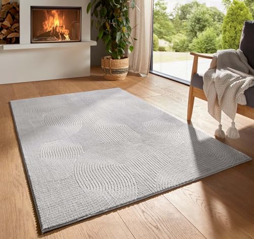 Taracarpet Kurzflor Boho Skandi Polyester Teppich in 3D Optik waschbar, pflegeleicht und robust ideal fürs Wohnzimmer, Schlafzimmer und Kinderzimmer auch als Badematte Grau Wellen 160x230 cm