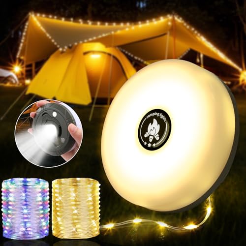 Camping Lichterkette Aufrollbar und Wasserdicht mit 8 Beleuchtungsmodi, Tragbare Wiederaufladbare LED Lichterkette Für Zelt Camping, Festival Zubehör, Deko Garten, Lichterkette Innen(10M)