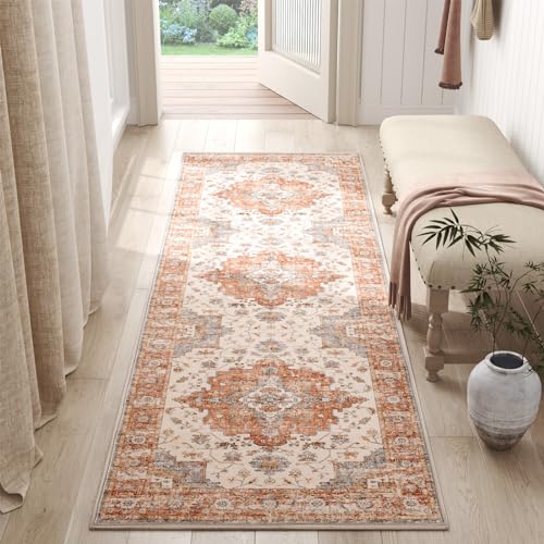 TOPICK Läufer Flur Waschbar Küche Läufer Kurzflor Retro Ziegelrot Orientalischer Teppich 60x180cm Antibakterieller Faltbar rutschfest Teppich für Brücken Schlafzimmer Wohnzimmer Flur Eingangsbereich