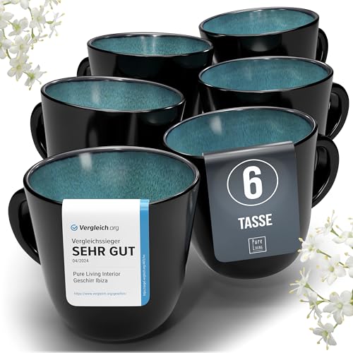 Steingut Kaffeetassen 6 Personen Ibiza TESTSIEGER, Traumhaftes Mediterranes Steingut Tassen Set, Stylisches Tee- und Kaffeebecher Set, Pure Living in Petrol