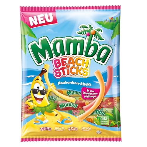 Mamba Beach Sticks – 1 x 160g – Fruchtige Kaubonbon-Stangen in vier verschiedenen Sorten – Fruchtgummi Mix einzeln verpackt