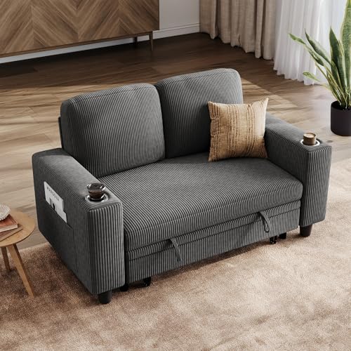 LINSY HOME Loveseat Sofa mit Stauraum – Bequemes Plüsch-Cord-2-Sitzer-Sofa mit Getränkehaltern, Sofa Klein für Kleine Räume, Wohnzimmer, Schlafzimmer, Wohnung