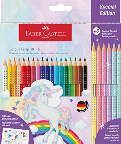 Faber-Castell 201543 Colour Grip Buntstifte für Kinder, 24er-Buntstifte-Set, 6 Pastelltöne, Malstifte mit Grip und dreieckigem Schaft, wasserlöslichen Pigmenten, leicht auswaschbar und bruchsicher