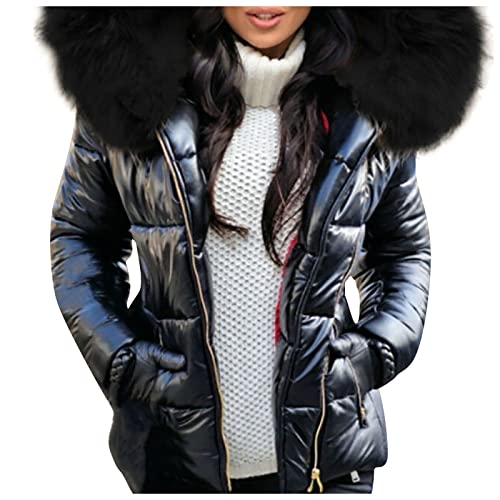 Damen Glänzende Daunenjacke Kurz Steppjacke Warm Daunenmantel mit Pelzkragen Winter Puffer Jacke Frauen Parka Mehrere Farben XL Black