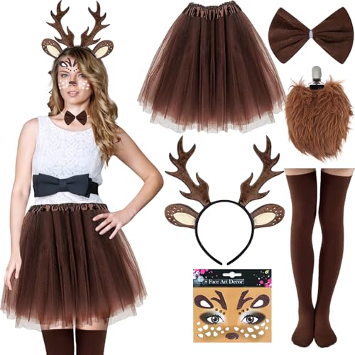 ATOWORLD Reh Kostüm Damen mit Brauner Tüllrock Geweih Haarreif Tattoo Socken Bambi Rentier Kostüm Erwachsene Frauen Karneval Kostüm Damen Reh Rehkitz Tütü Rock Braun für Fasching Cosplay
