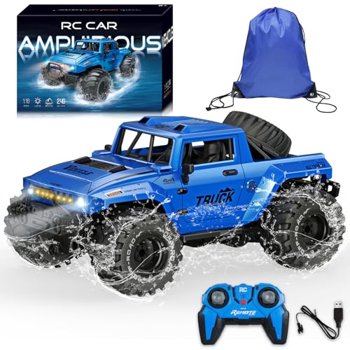 BORSTOYPRO Amphibisches Ferngesteuertes Auto, 1:16 Amphibienfahrzeug Ferngesteuert wasserdichte Monster Truck mit Rucksack, Geländegängiges Stuntfahrzeug mit 360°-Drehung und LED-Beleuchtung