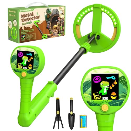 GreenRex Metalldetektor Kinder, Für Kinder von 3–12 Jahren, 6CM HD LCD Display, Ton & Lichtsignale, 59–82CM höhenverstellbar, 10CM Präzision, 470g leicht, lehrreiches Outdoor-Set,Grün