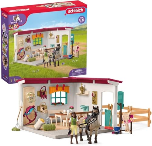 SCHLEICH Horse Club | Sattelkammer 42591 | Spielset inkl. Pferdefigur, beweglicher Mädchenfigur, Paddock und viel Pferde Zubehör | tolles Geschenk für Kinder | Pferde Spielzeug ab 5 Jahre | 85 Teile