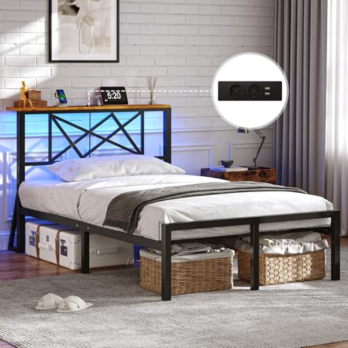 DICTAC Bettgestell 90x200 mit LED Beleuchtung, Bett 90x200 mit Steckdose und 2 USB, Einzelbett mit Holzkopfteil, Metallbett mit Lattenrost aus Metall, Bettrahmen mit Stauraum unter dem Bett, Höche 32