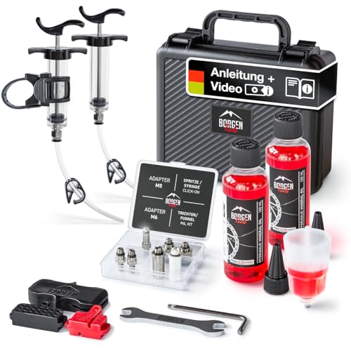 Borgen Entlüftungsset PRO für Shimano, Tektro und TRP Scheibenbremse Fahrrad - Entlüftungskit mit Anleitung, inkl 2X Mineralöl Bremsflüssigkeit, Brake Bleed Kit, Bremsen Entlüftungsset Fahrrad