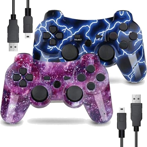 LeonDesigns P|S3 Gaming Controller, Kabelloses Move/Motion Controller Gamepad mit verbessertem Joystick Kompatibel mit P-S - 3 (Blauer Blitz und Roter Sternenhimmel)