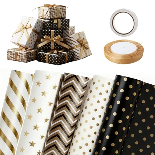 5er-Set Geschenkpapier Schwarz Gold Set 70x50cm Packpapier mit Doppelseitigem Klebeband & Geschenkband Gift Wrapping Paper Geschenkverpackung für Weihnachten, Geburtstag, Hochzeit, Jubiläum