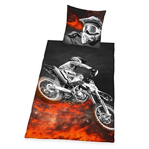 Herding Young Collection Bettwäsche-Set, Motocross Wendemotiv, Bettbezug 135 x 200 cm, Kopfkissenbezug 80 x 80 cm, Polyester, Schwarz