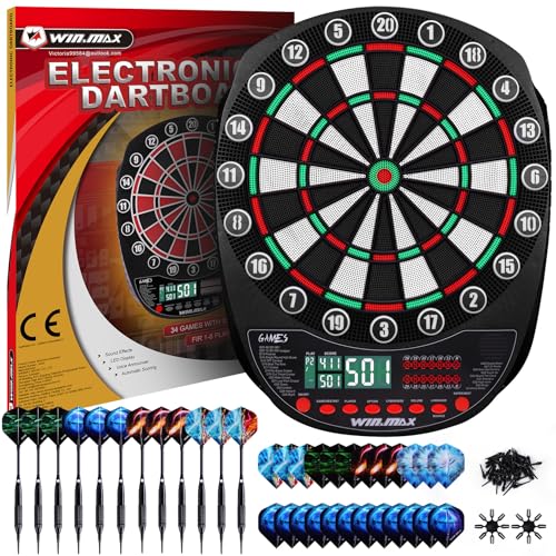 WIN.MAX Elektronische Dartscheibe Profi Set 34 Games mit 354 Varianten 3 Sprachen: Deutsch, Englisch, Französisch Grün und Rot
