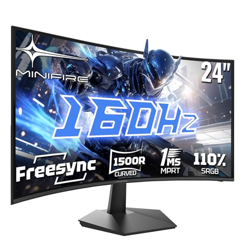 Minifire Gaming Curved Monitor 24 Zoll, 160Hz, Curved Gaming Monitor 1500R, 1Ms, sRGB110%, FHD 1080P Computer Screen, VESA Compatible, Eye Care Adaptive Sync HDMI＆DP Ports （MFG24C1L ）