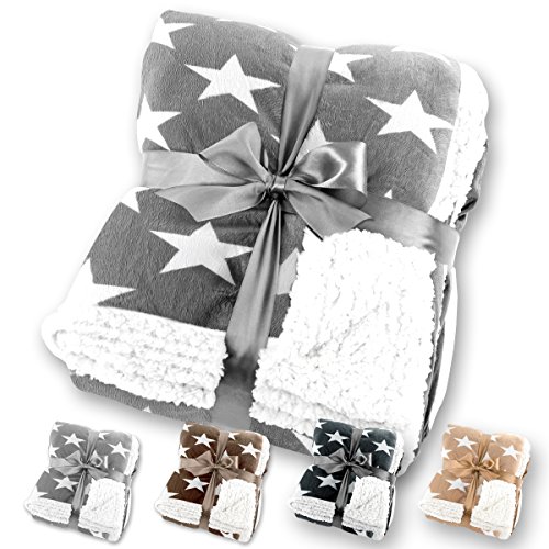 Gräfenstayn® Sternendecke Kuscheldecke in Lammfell-Optik - Verschiedene Größen und Farben - Motiv Stern Tagesdecke Flanell Mikrofaser-Flausch - mit Öko-Tex Siegel (Grau, 170x130cm)