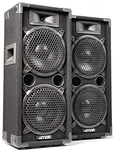 MAX MAX28 PA Lautsprecher passiv, DJ Boxen, 1600 Watt Peak, Partyboxen Set mit Griffe, 2 x 8 Zoll Doppel-Tieftöner, DJ Party Lautsprecher Paar, Lautsprecherbox, Schwarz