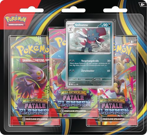 Pokémon-Sammelkartenspiel: 3er-Pack Mega-Entwicklung – Fatale Flammen: Snibunna (1 holografische Promokarte & 3 Boosterpacks)