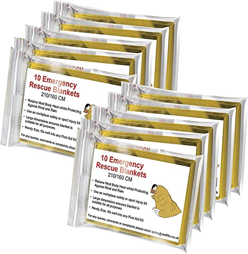 Bramble 10 Stück Rettungsdecke Rettungsfolie Gold/Silber 210x160cm - Auto, Erste Hilfe, Camping, Survival Kit - Alu Thermo Wärmedecke Verbandskasten (10er-Pack)