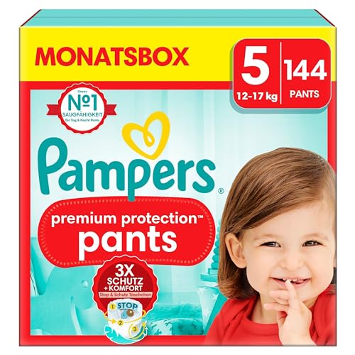 Pampers Baby Windeln Pants Größe 5 (12-17kg) Premium Protection, Junior mit Stop- und Schutz Täschchen, MONATSBOX, 144 Höschenwindeln