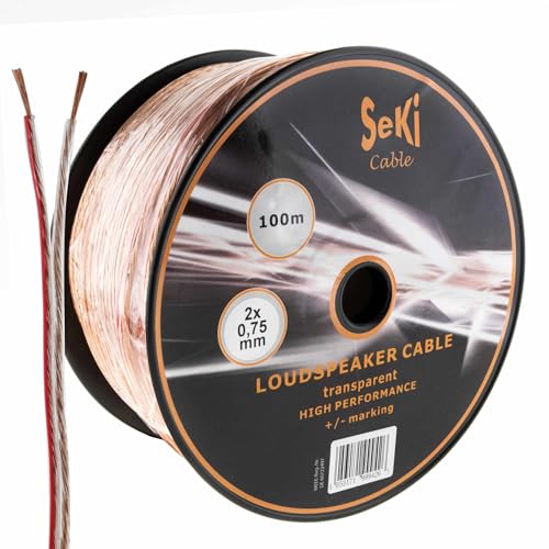 SeKi Lautsprecherkabel Transparent 2x 0,75mm² – 100 Meter Spule | CCA-Kupfer Boxenkabel für klaren Sound bei HiFi, Heimkino und Car-HiFi mit Polaritätskennzeichnung