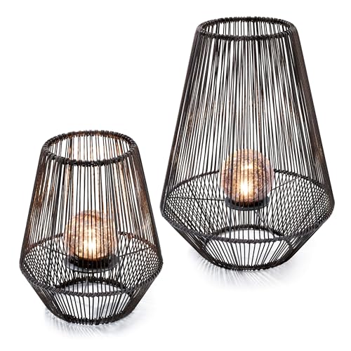 esotec Solar Windlichter Ilona, 2er Set, Crackle Ball Bruchglas Leuchtkugel, Dekoleuchte, Polyrattan, LED Gartenleuchte, Solarlaterne, Akku, Metall, IP44, wetterfest, aussen, schwarz, 102209