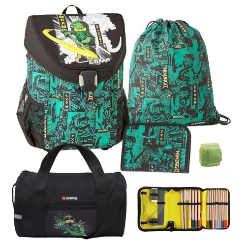 Familando Lego Ninjago Schulranzen Set 5tlg. Easy School Bag Green mit Federmappe gefüllt, Turnbeutel, Regenschutz und großer Sporttasche Lloyd Spinjitzu